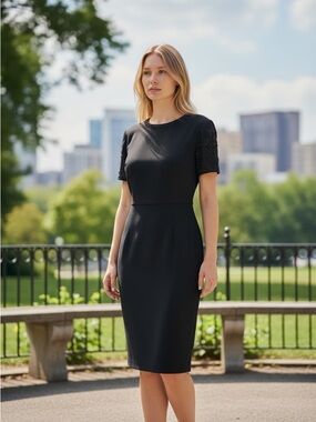 Donna Morgan Black Embellished Short-Sleeve Midi Dress